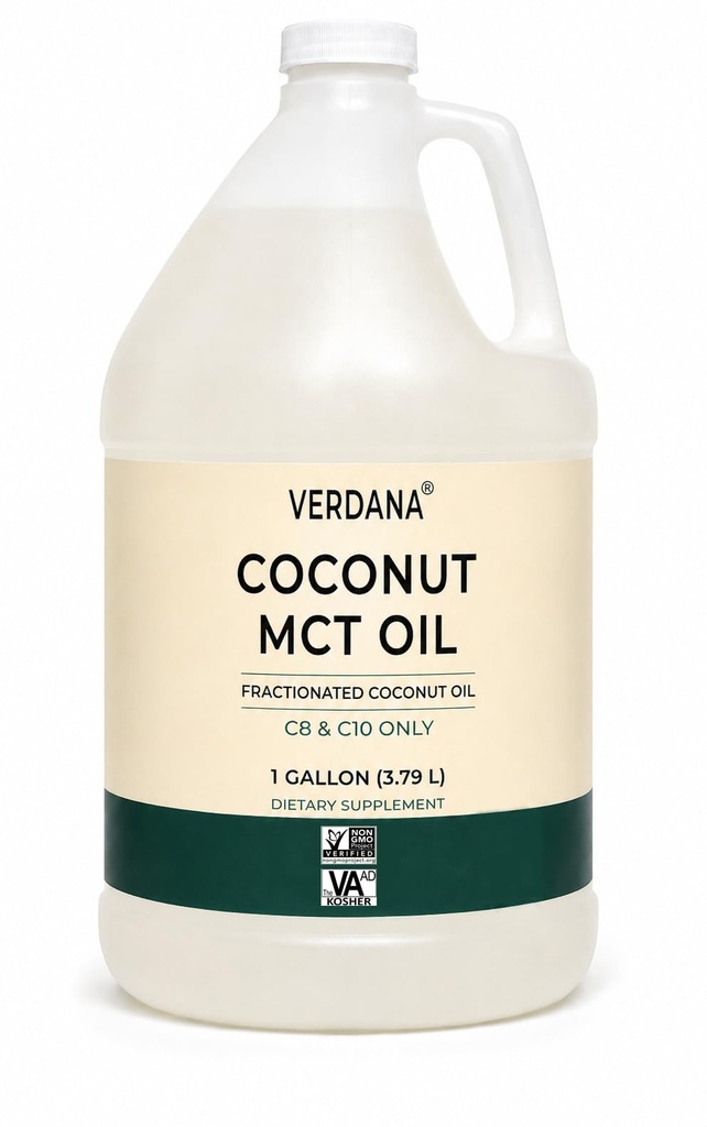 Verdana Coconut MCT Oil 1 Gallon - Klasa żywności dla kawy Keto, Niesmakowane Naturalny olej Pulling Mydło do ust, Masaż, Aromaterapia - 100% z Kokosu - Średnio łańcuchowe Triglicerydy - Non-GMO, Kosher