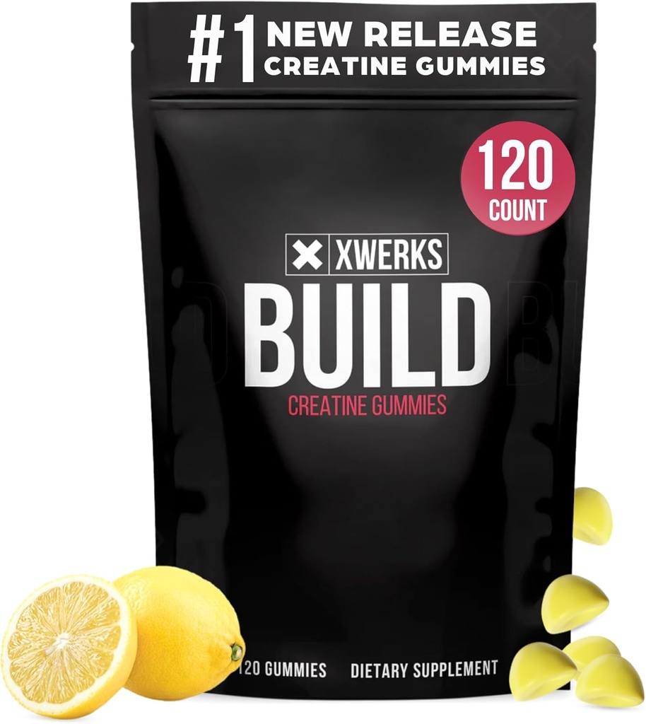 Xwerks Build Gummies dla mężczyzn i kobiet, 120 Hrabia, 100% Pure Creature Monohydrat, Lemon Flavored Muscle Building Gummies 4g per serving, Pre Workout Anti Melting, 5000mg Total Creatine