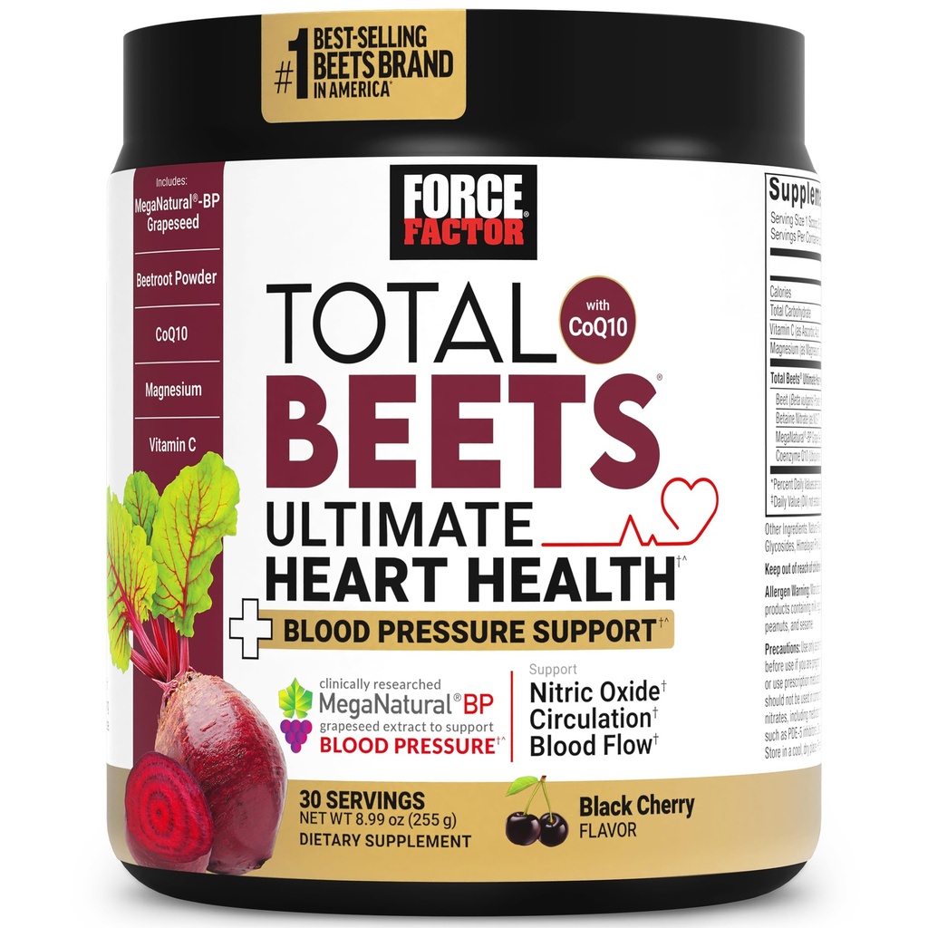 Siła Czynnik Całkowicie spełnia Ultimate Heart Health Support Blood Pressure z CoQ10, Burak Root Powder, Wyciąg z nasion winorośli, Suplement ciśnienia krwi do cyrkulacji, Black Cherry, 30 Służenia
