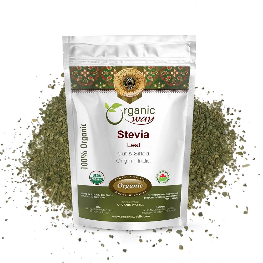 Organic Way Stevia Leaf Cut & Sifted (Stevia Rebaudiana) - Kosher & USDA Certified PHARM 124; Non- GMO & Gluten Free PHARM 124; Natural Sweetener AHARM 124; 100% Surowiec z Indii (1 / 2LBS / 8OZ)