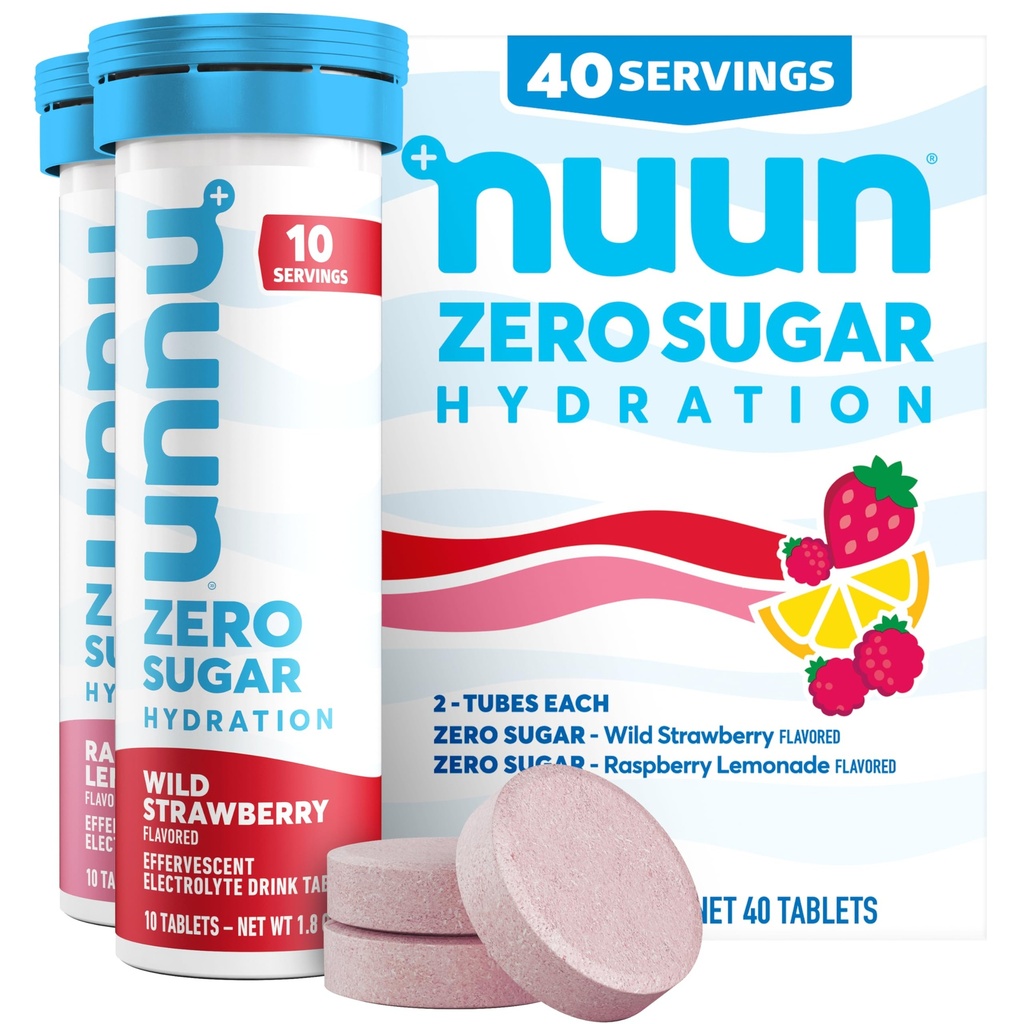 Nuun Zero Sugar Hydration Electrolyte Tablets - Magnez, Wapń, Potas, Chlorek i Sód, Lekkie i pyszne aromaty owocowe, bez cukru, Gluten Free, Wegan, Mieszane Berry 4 Pack (40 Służenie ogółem)