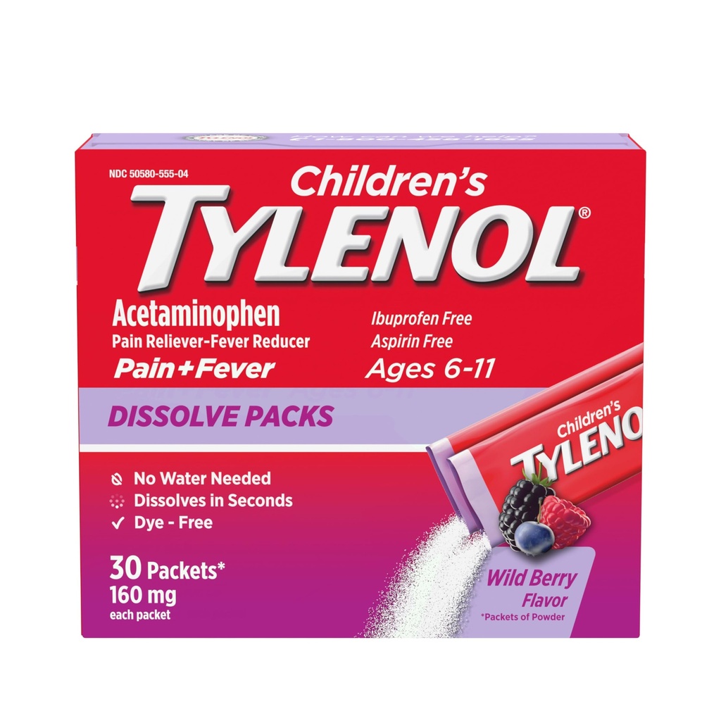 Opakowanie dla dzieci Tylenol Rozpuścić opakowania na uśmierzanie bólu, Fever Medication, 160 mg Acetaminofen, Dye Free, Pakiety dla dzieci w proszku na zimno & Flu Symptom Relief; Wild Berry Flavor, 30 ct.; Opakowanie zawierające 1