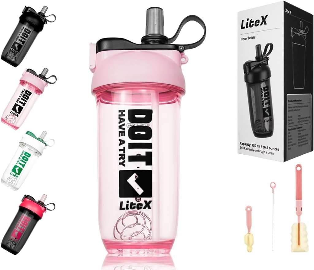 Litex Shaker Butelki do shake 'ów protein, 26oz Blender Shaker Butelka do wstępnego treningu, Shaker Cups with Straw, Butelki Tritan Mixer dla proszku protein, z pędzlem i instrukcją (różowy)