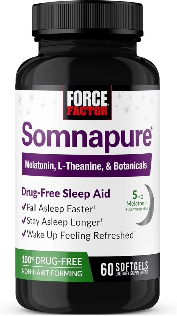FAKTOR SOMNAPURE Softgels Sleep Aid to Fall Asleep Faster, Stay Asleep Longer, Wake Up Refreshed, Seep Aid for Adult with Melatonin, Ashwagandha, Valerian Root, and Lemon Balm, 60 Softgels
