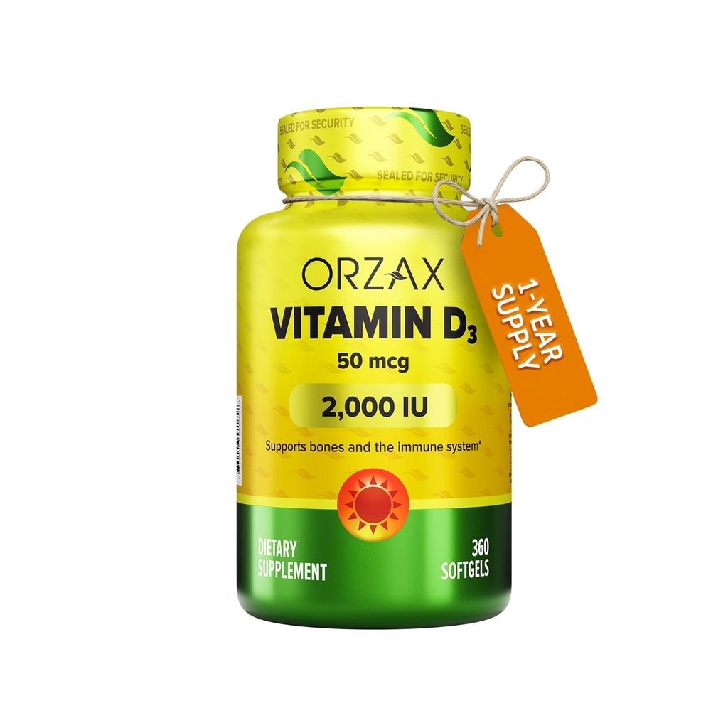 ORZAX Witamina D3 2000 iu (50 mcg) - Non-GMO, Gluten Free, Cukier Free, Dairy Free - 1 Rok dostaw dla silnych funkcji mięśni i immunologicznego wsparcia - Suplement nastrojów dla Wellness (360 Softgel)