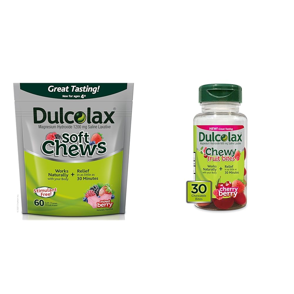 Dulcolax Soft Chews Saline Laxative Mixed Berry (60ct) Delikatne zaparcia Relief & Chewy Fruit Bites, Saline Laxative, Cherry Berry (30ct) Bezskurczowe Zaparcia Relief