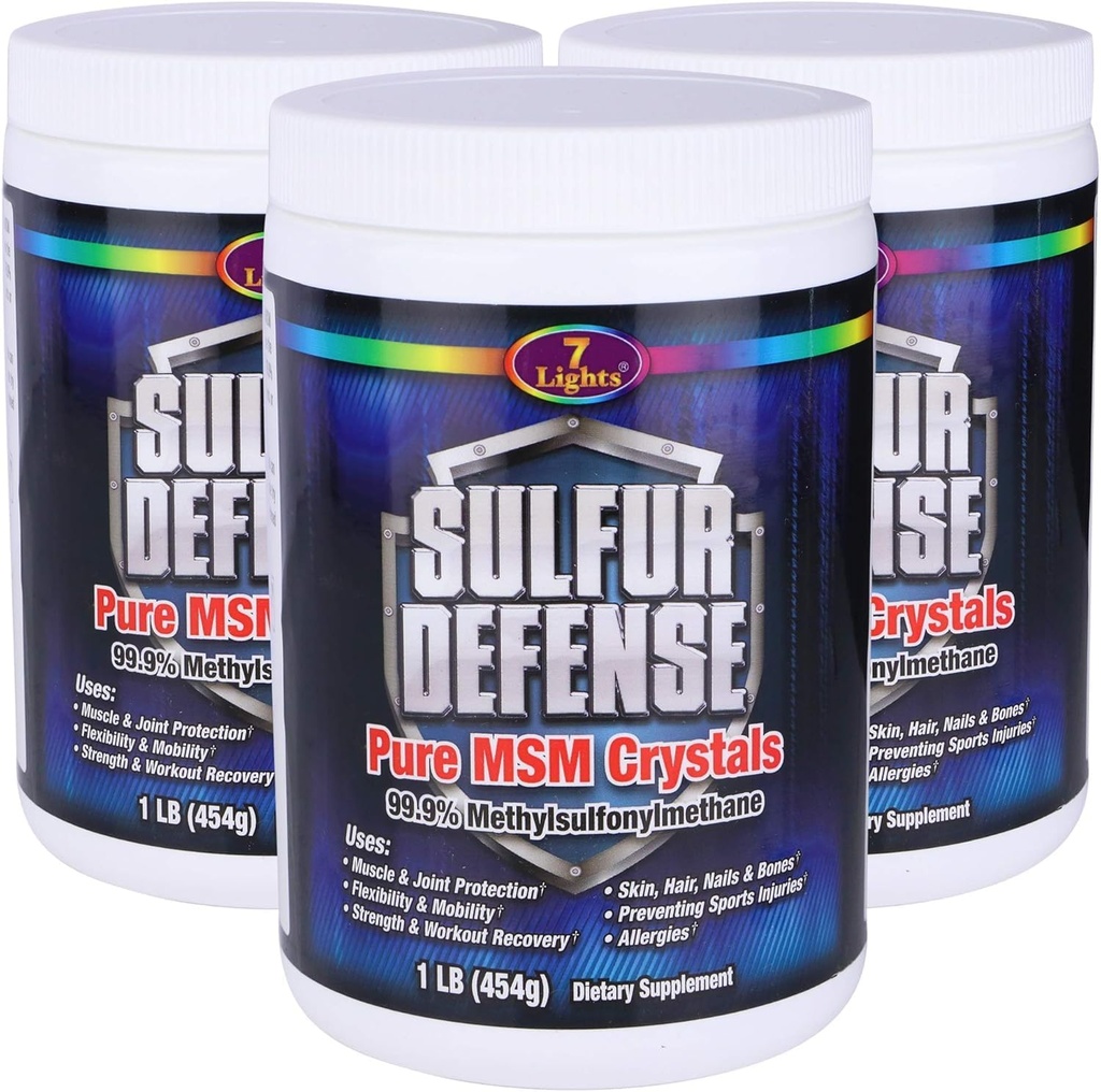 7 Lights Sulfur Defense Opti- MSM 99.9% Czysty proszek MSM 124; Suplement diety dla łączników, skóry i wsparcia immunologicznego - Organic Methylsulfonylmetan, Wegan, Non-GMO, Gluten- Free w USA (3 x 1 LB)