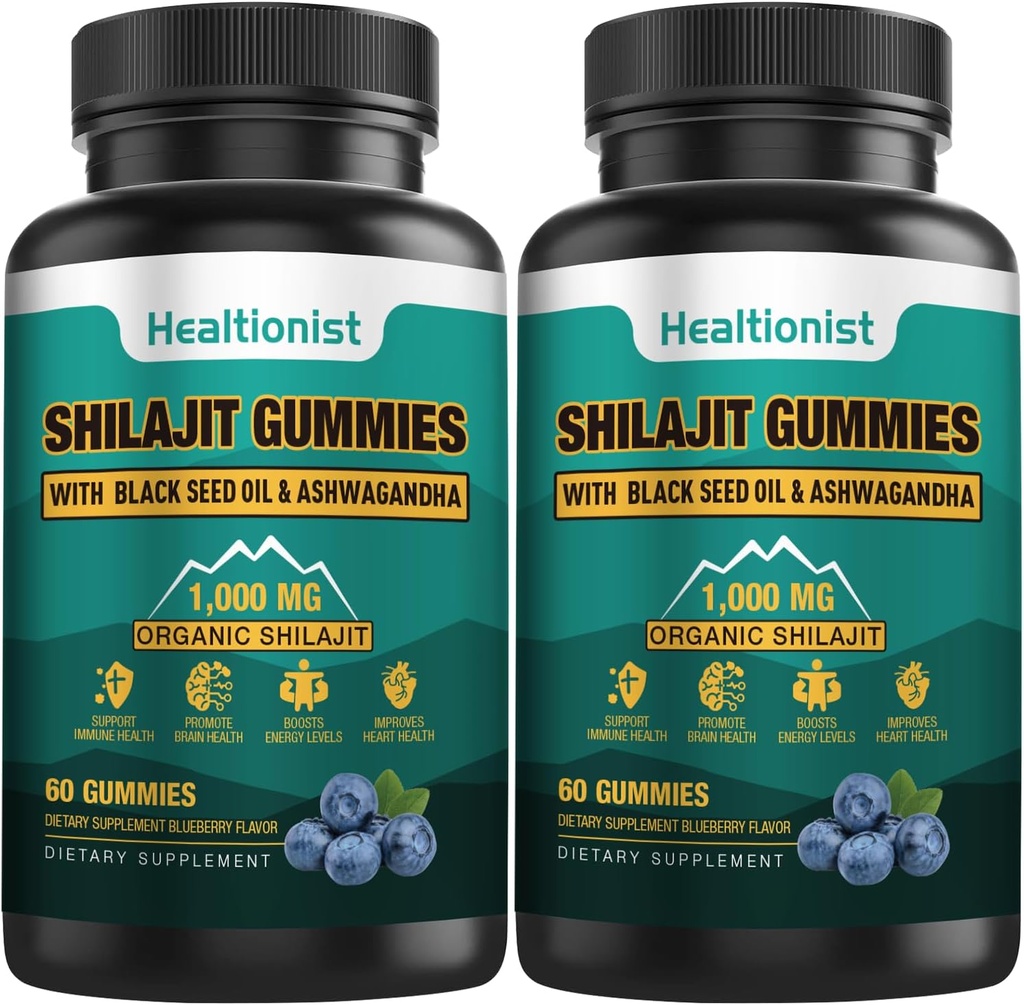 2 opakowania 1000 MG Suplement Shilajit Gummies z 85 + Minerały śladowe, Kwas Fulvic, Pure Organic Shilajit Himalayan Gummy dla mężczyzn i kobiet, Energia, Mózg, Immunitet Suport - 120 Liczby