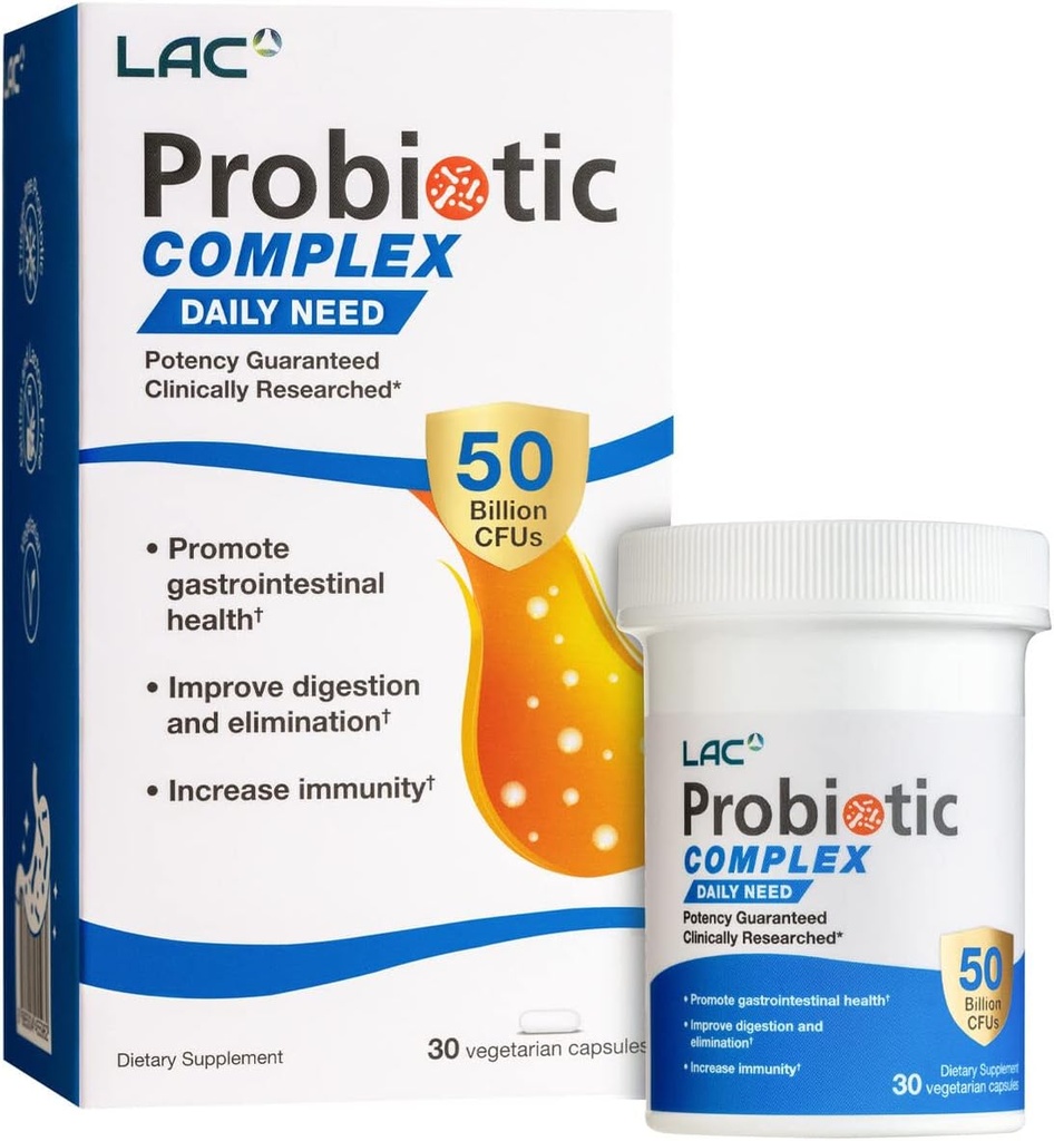 Lac Probiotic Complex 50 Miliard CFU 124; Suplement pokarmowy DEV124; Aktywne probiotyki do przywrócenia równowagi bakteryjnej jelit, IBS Wsparcie (30 Kapsułki wegetariańskie)