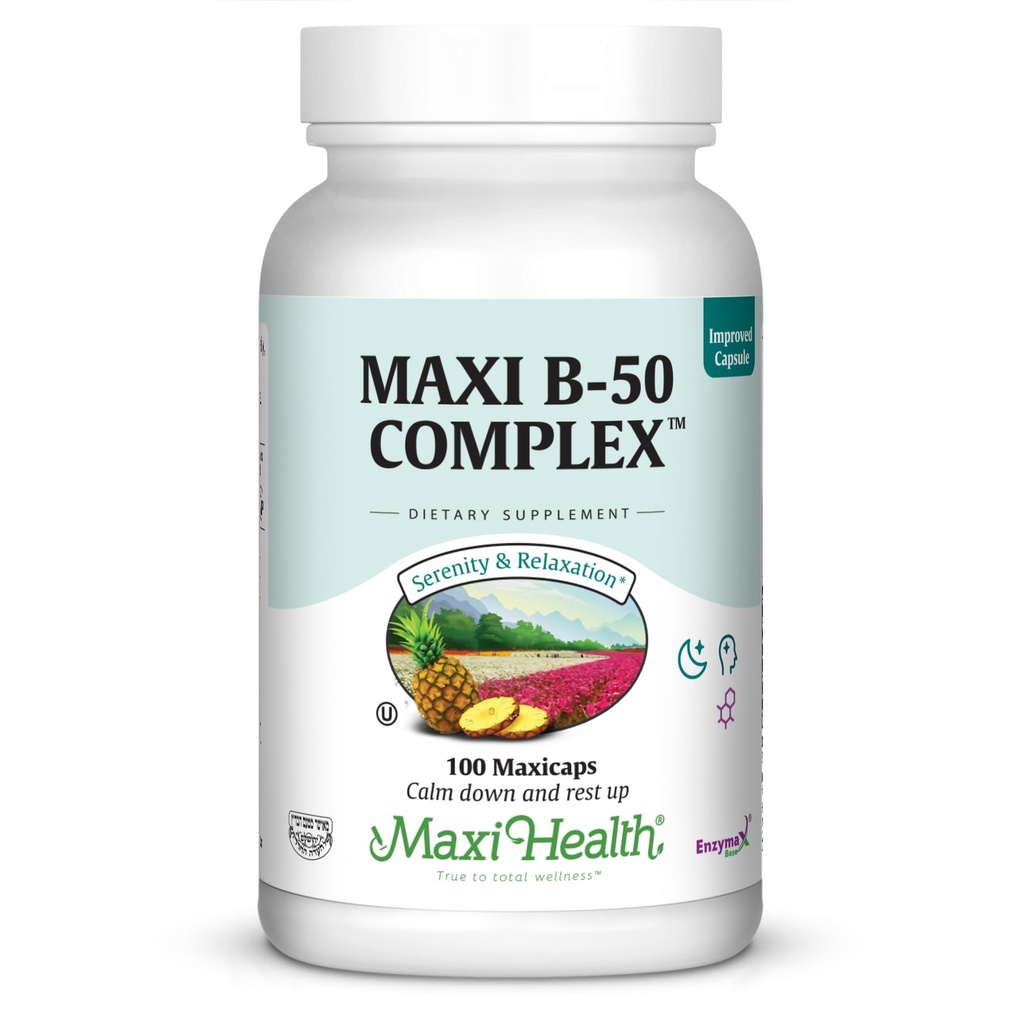 Maxi Health Witamina B Complex - Wysoka moc B Complex Witaminy B- 50 z B1, B2, B3, B6, B12, Biotin & Folate - Wsparcie energii komórkowej i mentalnej klarowności - Kosher - 100 Kapsułki