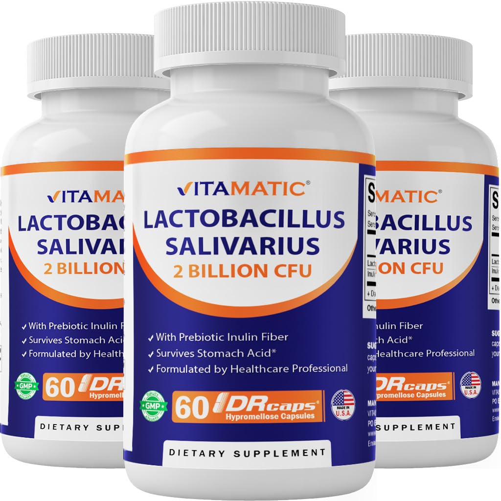 Lactobacillus Salivarius 2 Billion per DR kapsułki - 60 Count - Digestive Support - Made with Prebiotic Inulin Fiber (3 butelki)