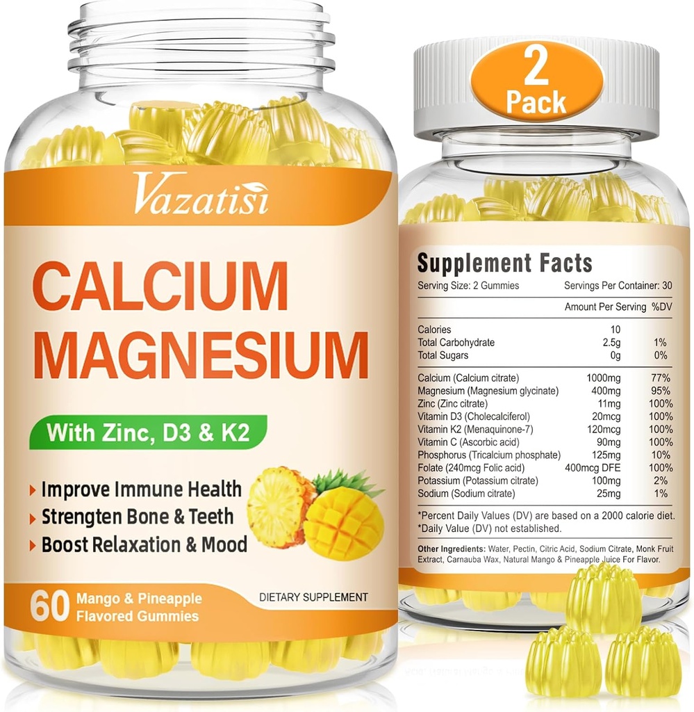 Gumie cynku wapnia z witaminą D3 i K2, Gluminian magnezu o wysokiej absorpcji Potas do immunologicznego i spokojnego nastroju, mango wegańskie i aromat ananasowy 120 Gummies