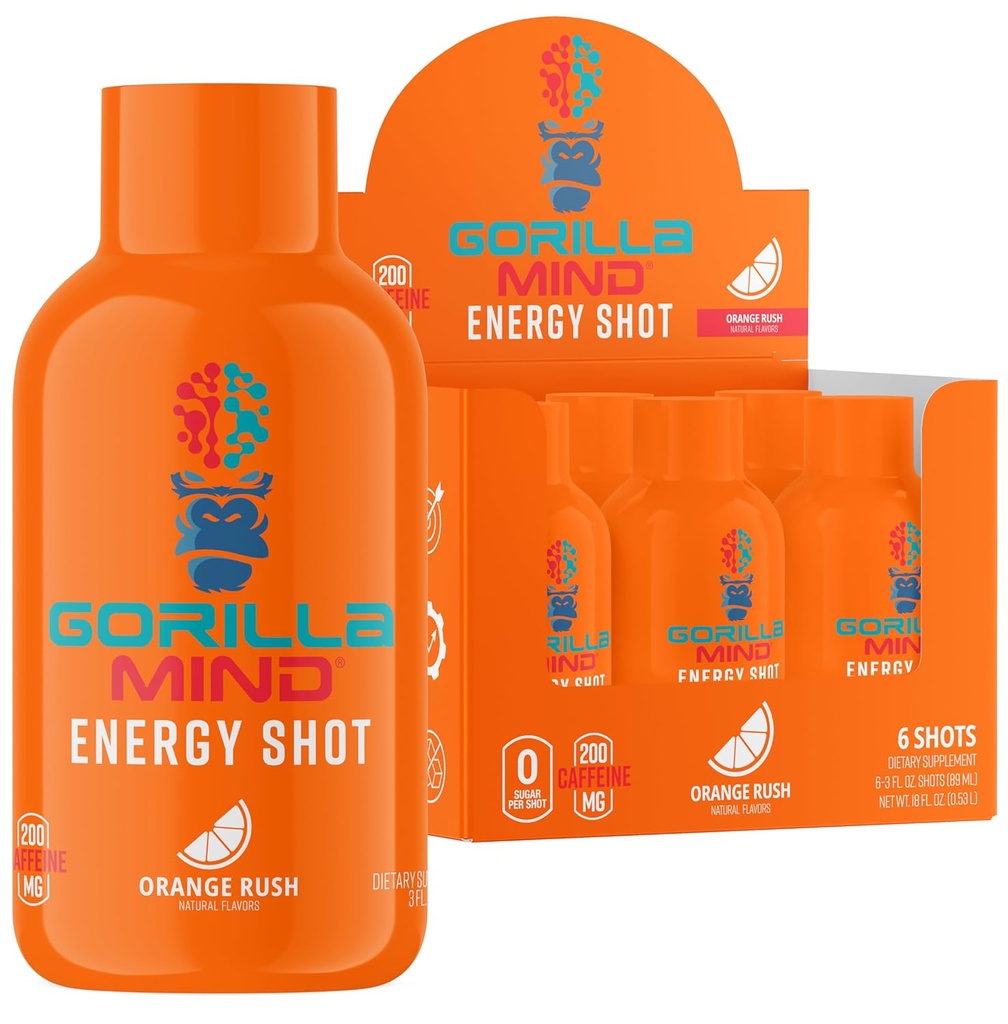 Gorilla Mode Energy Shots (6- Pack) - Energy Shots for Enhanced Focus & Energy, Sugar- Free, Fast- Acting, Potent Formula z witamin i naturalnych ekstraktów (Pomarańczowy Rush)