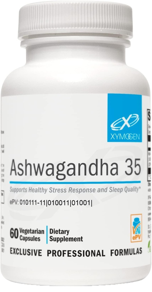 XYMOGEN Ashwagandha 35 - Opatentowany, oczyszczony ekstrakt Ashwagandha Root + Leaf (35% Glikozydów Withanolidu) - wspomaga zdrową reakcję na stres, relaks i jakość odpoczynku nocnego (60 kapsułek)