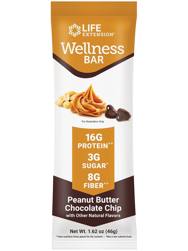 Life Extension Wellness Bar (Masło orzechowe Czekoladowy Chip) - 16 g białka, 8 g włókniny, 3 g cukru - Czekoladowe chipsy Cacao, Izolacja serwatki - Bary przekąski, Gluten- wolne od glutenu - indywidualnie