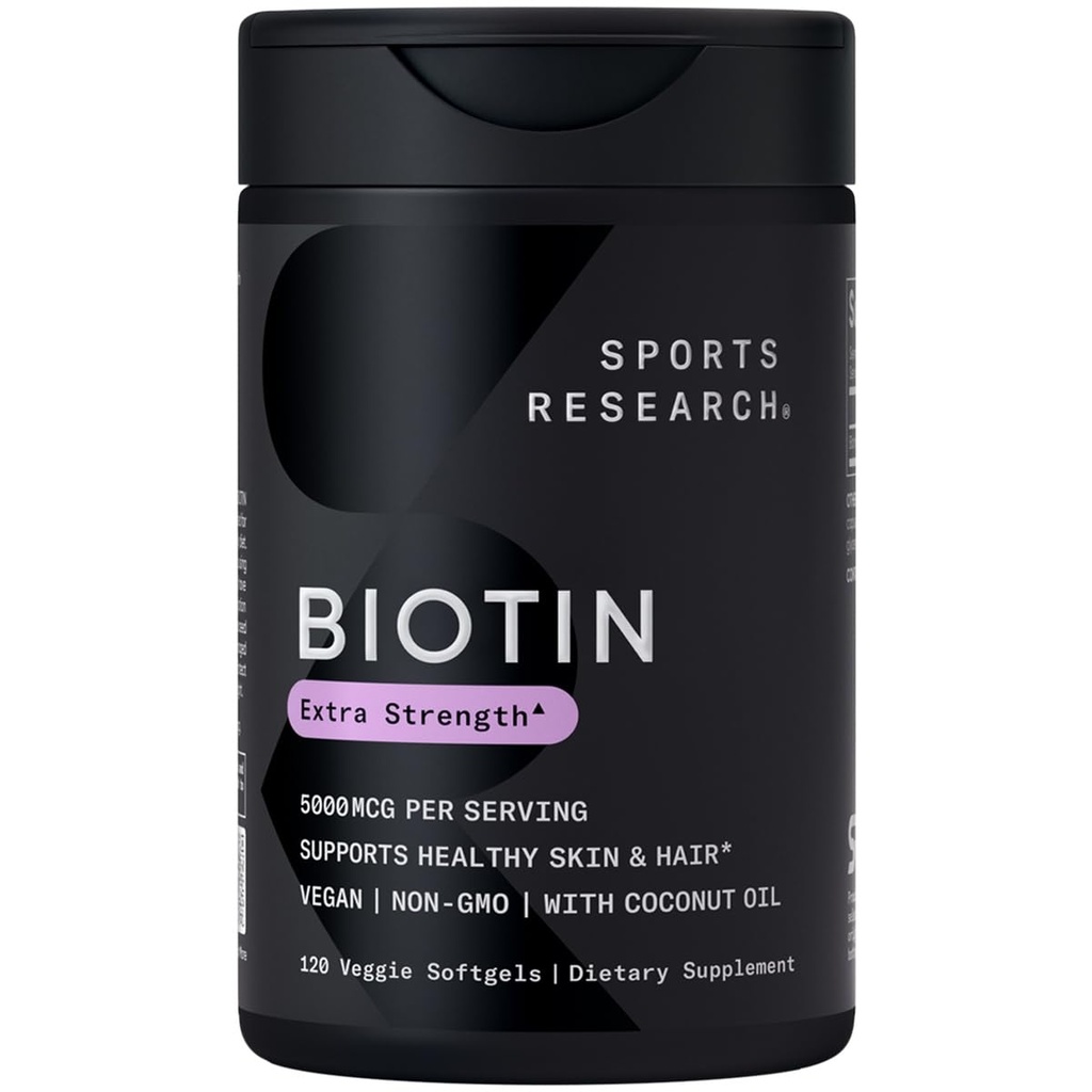 Sport Research ® Biotin 5,000mcg z organicznym olejem kokosowym - Biotyna (Witamina B7) dla zdrowej skóry i wsparcia włosów * - dla kobiet i mężczyzn - Wegan, Non-GMO, Gluten & Soy- Free - 120 Veggie Softgels