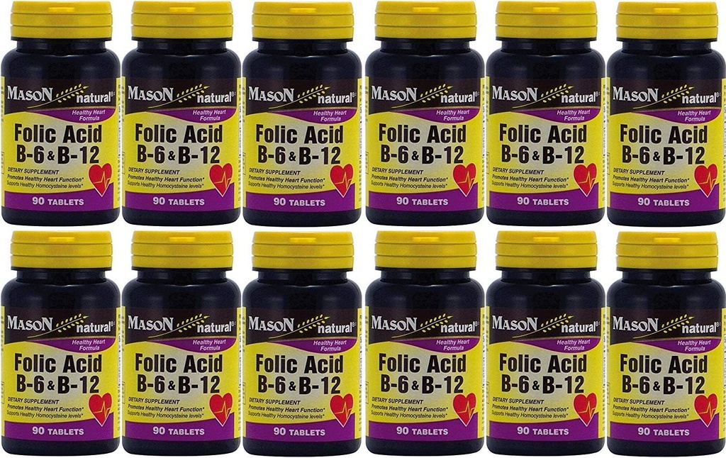 Mason Vitamin Kwas foliowy B- 6 & B12 Heart Health Formula 90 Tabletki na butelkę Opakowanie 12 Razem 1080 Tabletki