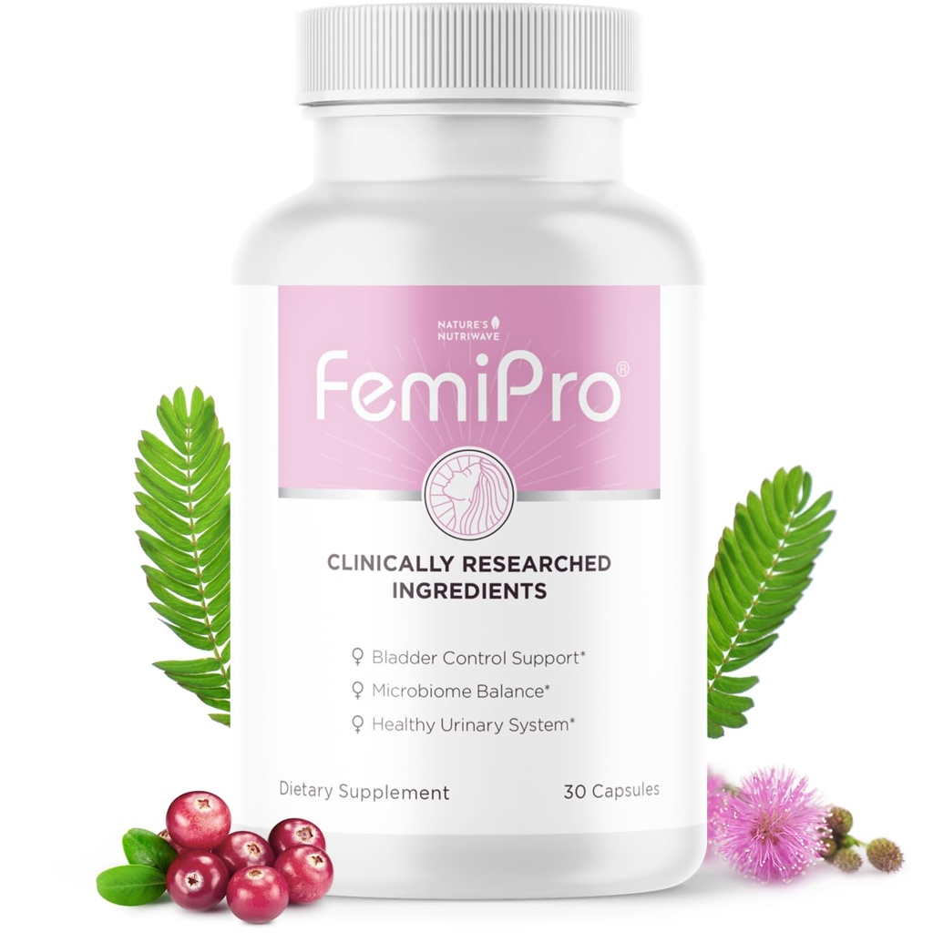 Femipro Bladder Control Supplements for Women & Men, Natural Herb & Probiotic Blend, Wspiera Urynary Tract Health & Microbiome Balance 124; Made in USA Non-GMO, 30 Kapsułki, 1 Dostawa miesiąc