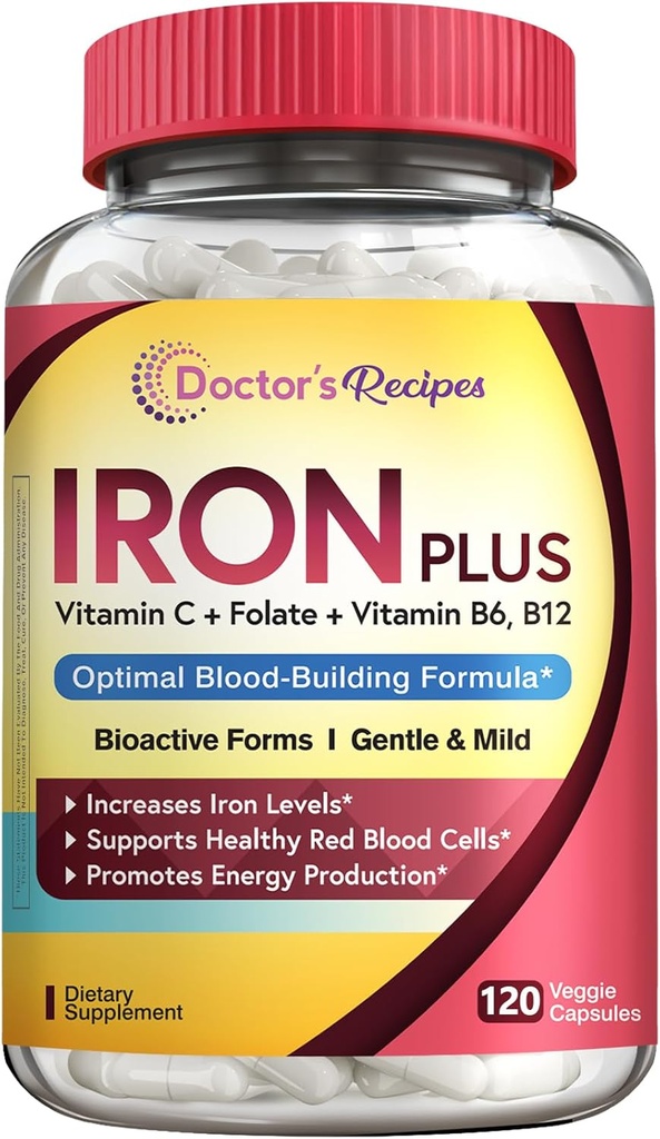 Przepisy lekarskie Żelazo Suplement dla Kobiet - Delikatny Żelazny Bisglicynian z Witaminą C, B6, Folate & B12 - Non-Constipting & Stomach Przyjazne Iron Pills for Blood & Energy Support, 120 Vegan Caps