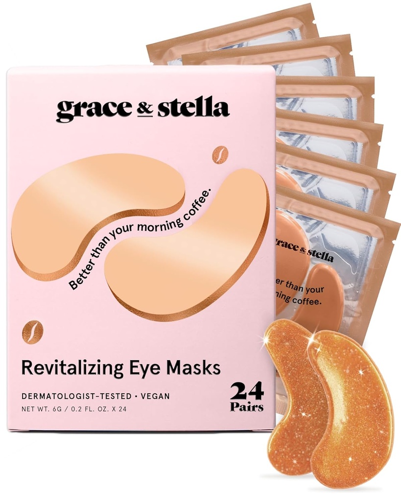 łaska & stella Kofeina pod plastry oczu - Przebudzenie plastry oczu dla puszystych oczu i ciemnych kręgów - Pod maską oczu - Plastry z Niacynamidem i kwasem hialuronowym - Wegan, Cruelty- Free (Brąz, 24 par)
