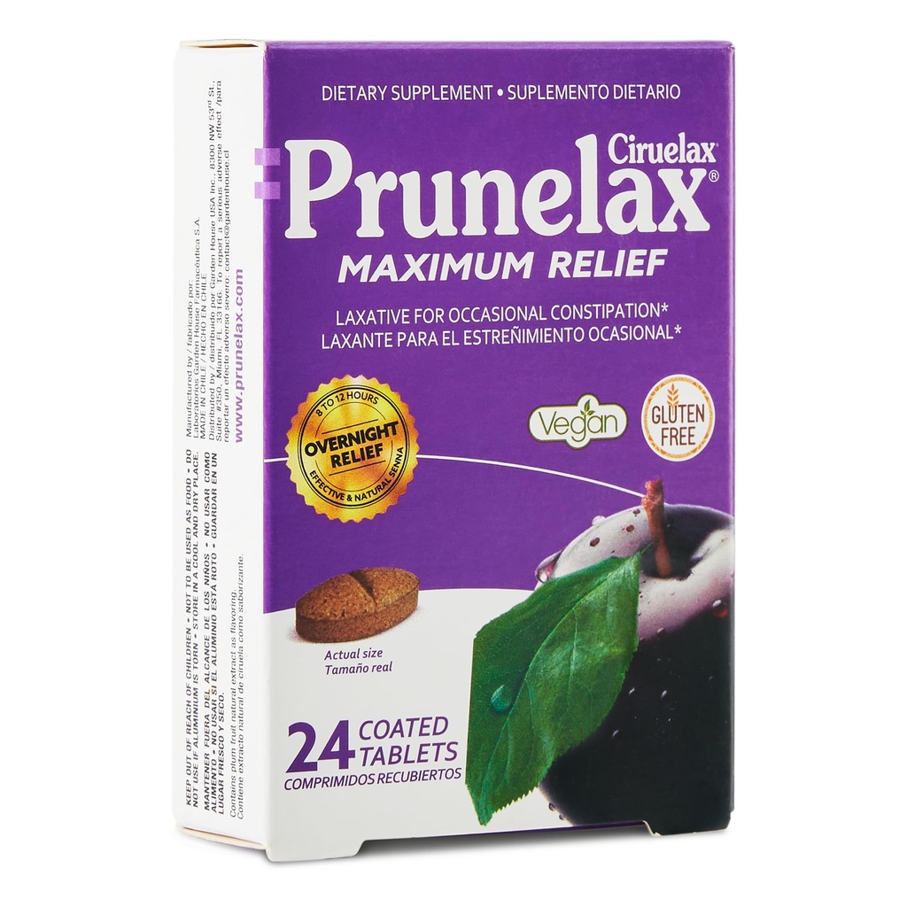 Prunelax Ciruelax Maksymalna ulga Laxative Tablets z Natural Senna do sporadycznych zaparć, Senna Extract, Vegan & Gluten- Free, Delikatny Overnight Relief - 24ct