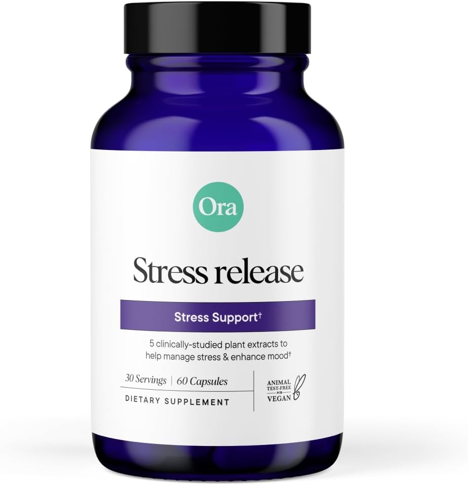 Ora Organic - Stress Relief Supplement - Pomaga nastrojowe i mentalne Focus - Feel Calm & Relaxed - Sensoril Ashwagandha, Saffron, Ginseng, L- Theanine, Lemon Balm - 60 Kapsułki