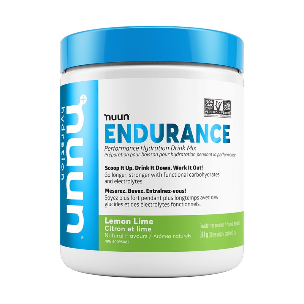 Nuun Hydration Endurance Powder, Lemon Lime, Wsparcie treningowe, 5 Esencjalne elektrolity do hydrolizy + Węglowodany, Wegan, Non-GMO, (16 Słupki - Pojemnik)