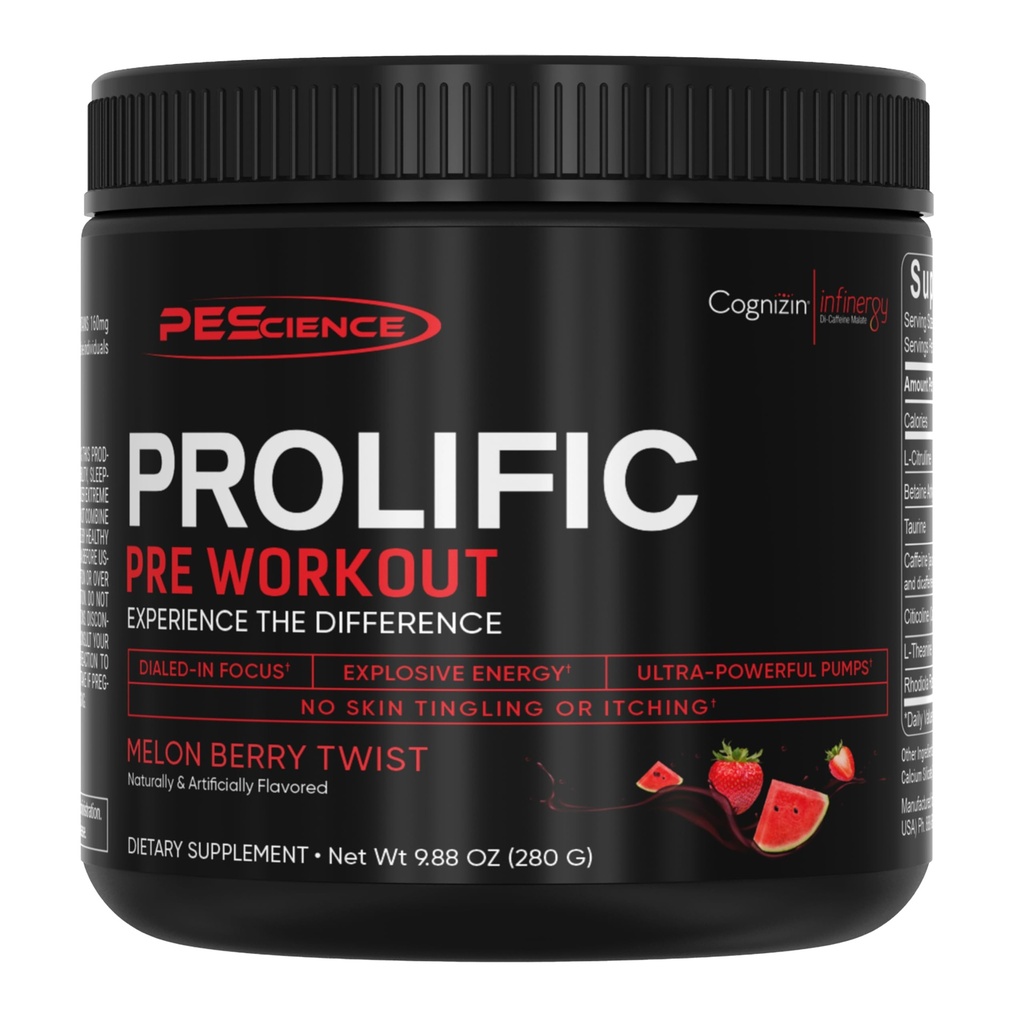 PEScience Prolific Pre Workout Powder for Men & Women with L- Citruline, Nitric Oxide Booster, Energy Powder & Nootropic for Focus - Wstępny trening Bez Beta Alanine - 40 Scoops, Melon Berry Twist