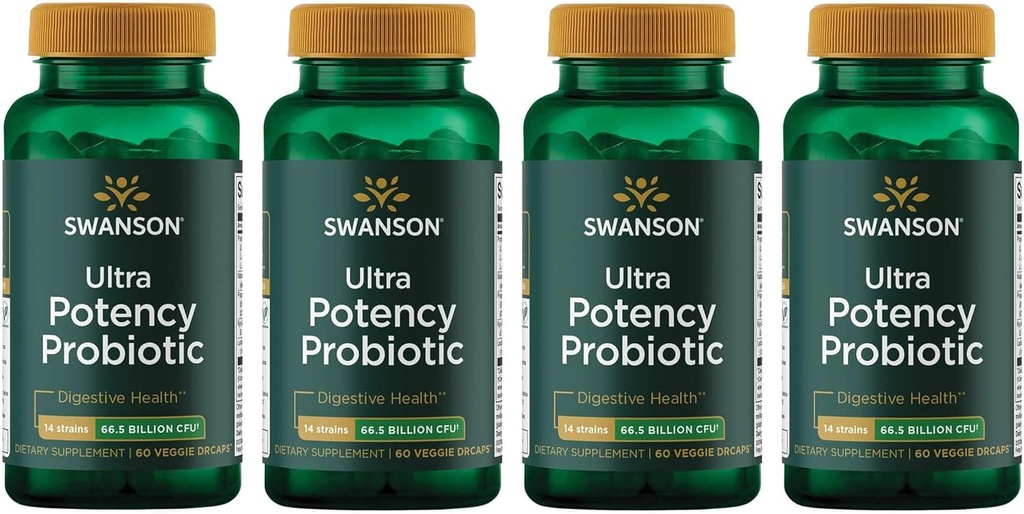 Swanson Ultra Pottency Probiotic Digestive Health Immune System Support 66 Miliard CFU Prebiotic NutraFlora scFOS 60 DRcaps Veggie kapsułki (Kapsułki) (4 opakowania)