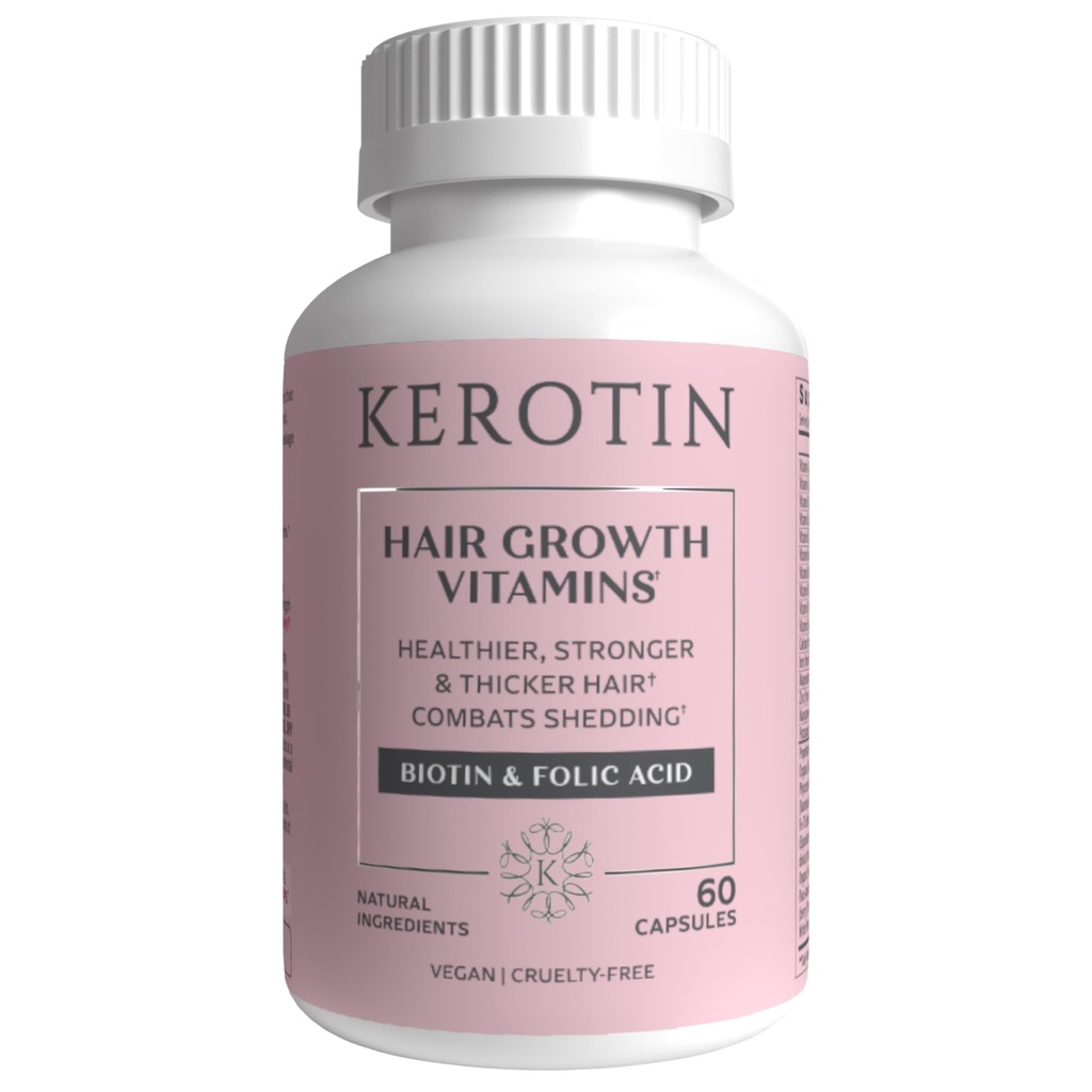 Kerotin Hair Growth Vitamins, Biotin Supplement, DHT Blocker, Collagen Stimulator, for Hair Loss Support, Nail & Skin Care, Includes Saw Palmetto, Vitamin D3 & More - 60 Pills (1 Month Supply)