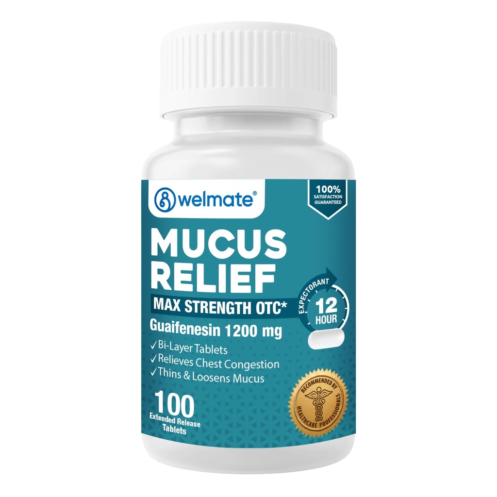 WELMATE - Relief mukusowy - Guaifenesin 1200 mg Maksymalna wytrzymałość - Extended- Release Expectorant Tablets - Pomaga przezroczyste zatory klatki piersiowej & Loosen Mucus - 12 Hour Relief - 100 Count