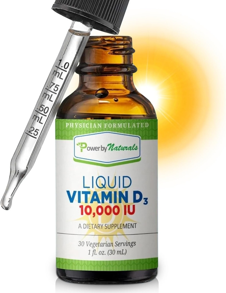 Power By Naturals Witamina D3 płynne krople 10000 j. m. - Witamina D3 o dużej mocy dla dorosłych kości i wsparcie immunologiczne - Bez glutenu, Nie-GMO, Witamina bez cukru - Pomarańczowy Flavor, 1 fl Oz (30 Servings)
