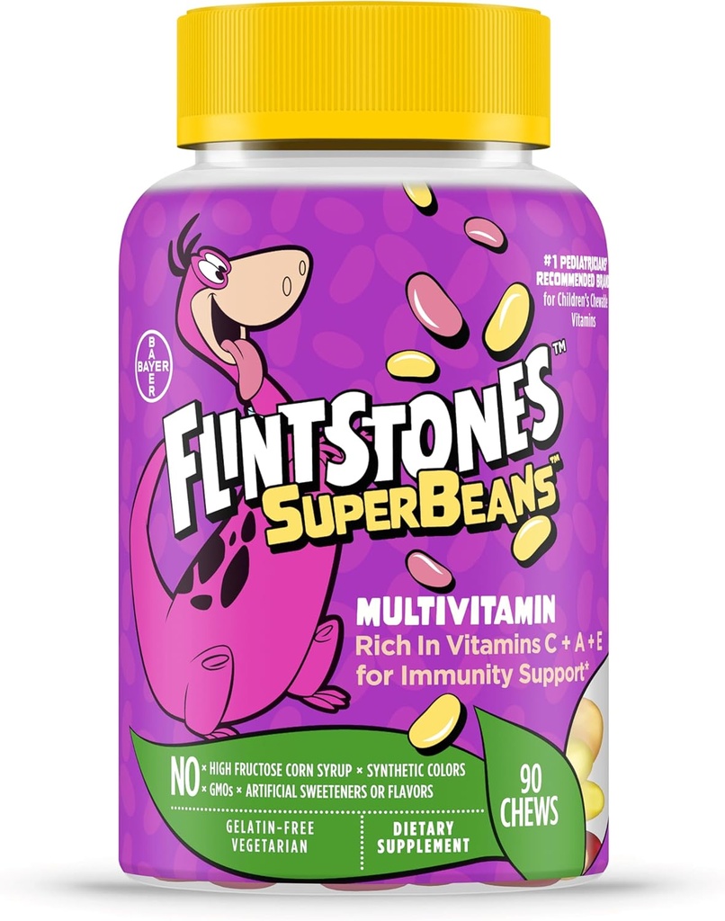 Flintstones Witaminy SuperFasola, Dzieci Multivitamin z Immunitet Wsparcie z Witamin A, D, Jodu i cynku do wspierania zdrowego wzrostu, Owoce aromat, Wegetarianin, Jelly Bean Chews, 90 Hrabia (Opakowania mogą się różnić)