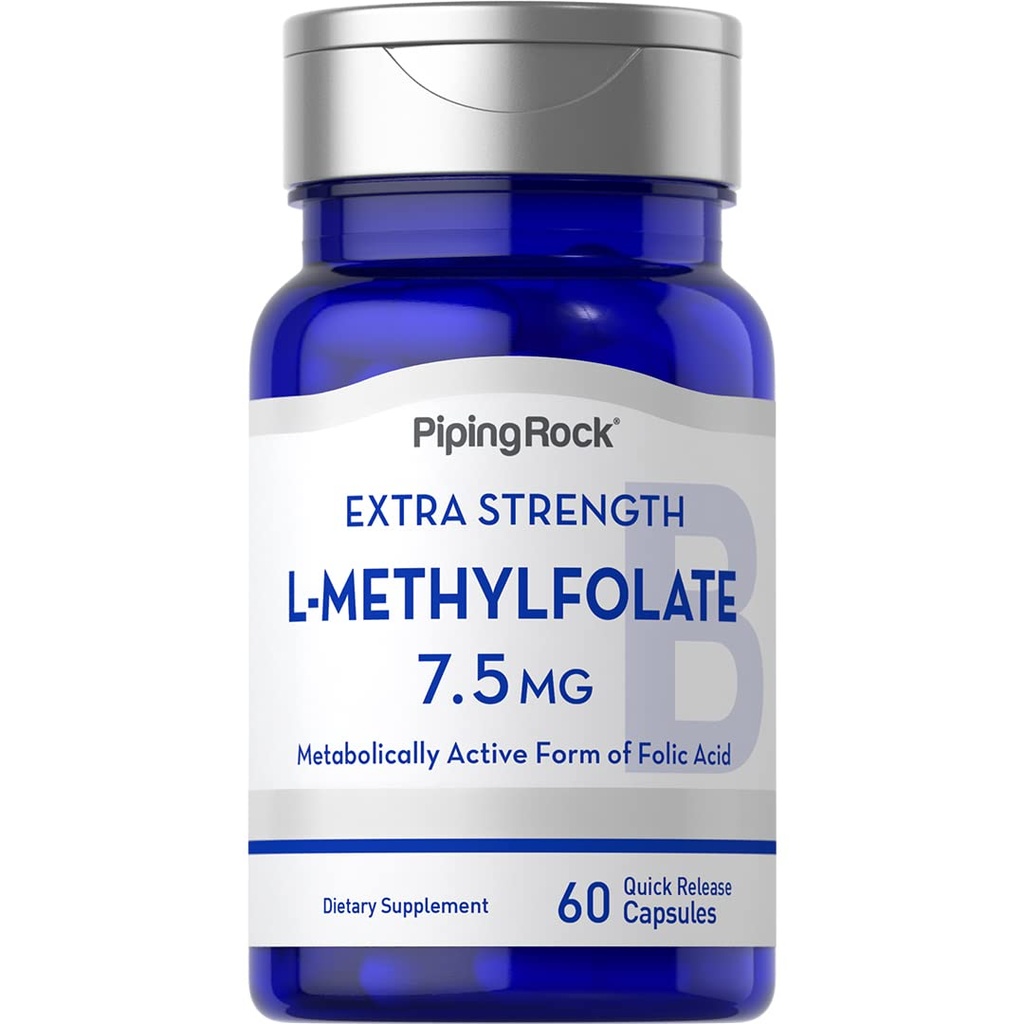 Piping Rock L- Methylfolate 7.5 mg XI124; 60 Kapsułek XI124; Dodatkowy suplement siłowy XI124; Aktywny kwas foliowy XI124; Non-GMO, Gluten Free