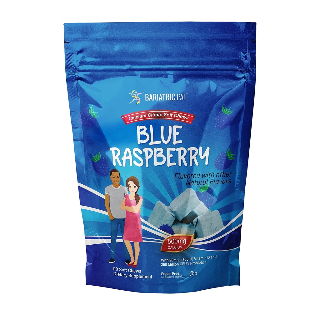BariatricPal Sugar-Free Calcium Citrate Soft Chews | 500mg with Vitamin D & Probiotics | Blue Raspberry | 90 Count (1 Month Supply)