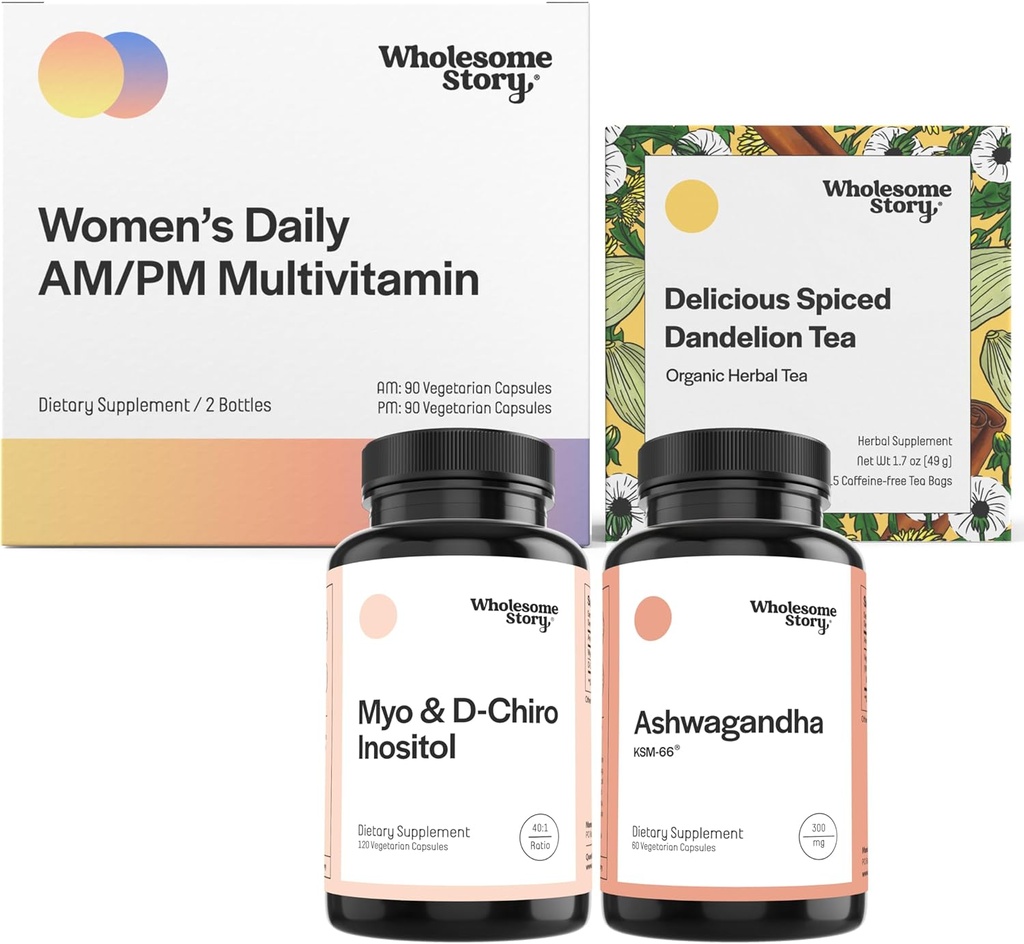 Chill Out Bundle Between 124; Myo Inositol & D Chiro Inositol Between 124; KSM 66 Aszwagandha Supplements Between 124; Premium Biodostępny Daily Multivitamin dla kobiet z żelazem i folią 124; Organiczny pieczony Dandelion Root Tea