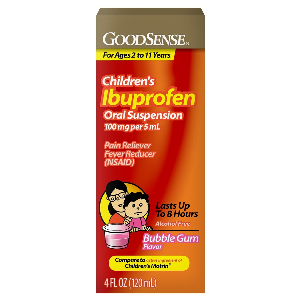 GoodSense Ibuprofen dla dzieci Zawiesina doustna, 100 mg na 5 ml, Reliever Pain & Fever Reducer, Flavor Gum Bubble Gum