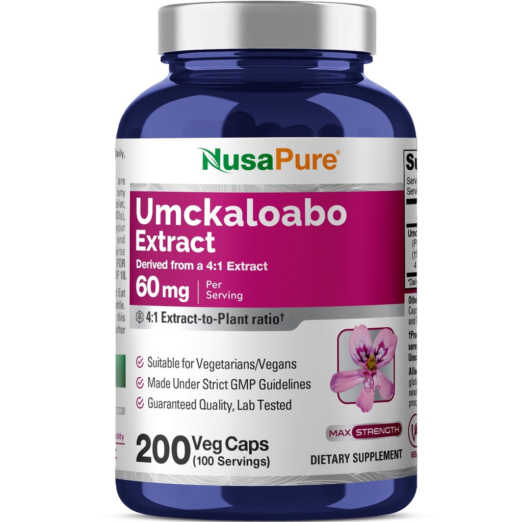 NusaPure Umckaloabo 4: 1 Extract, 60 mg Ekwiwalent 240 mg Veggie Caps 200 Count (Non- GMO, Vegan)
