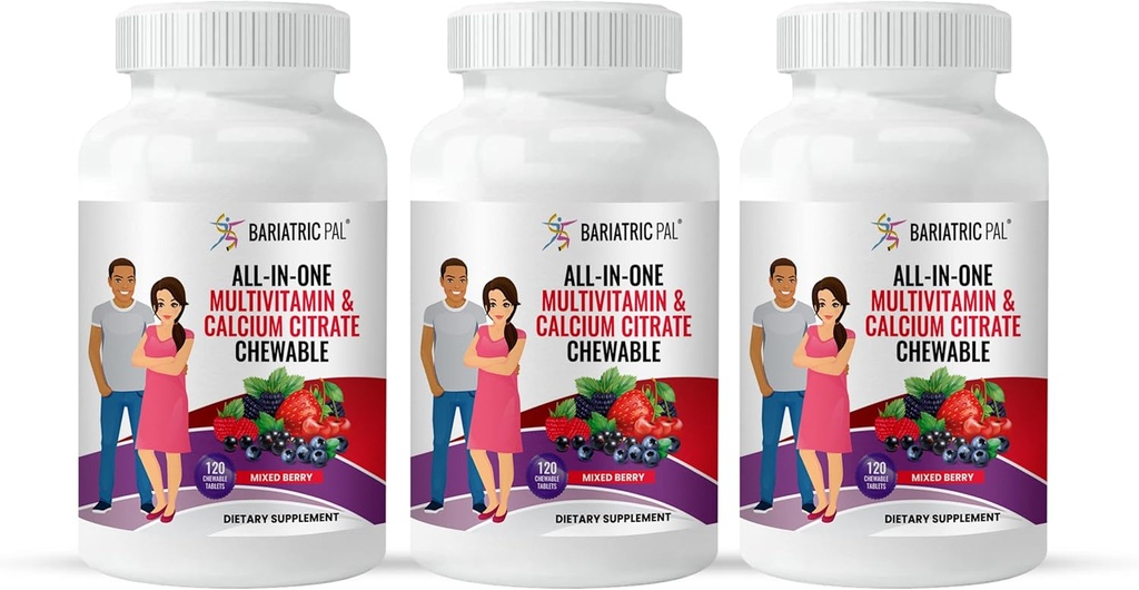 BariatricPal "All- in- One Chewable Multivitamine z cytrynianem wapnia i żelaza - mieszanka Berry (90- Day Supply)