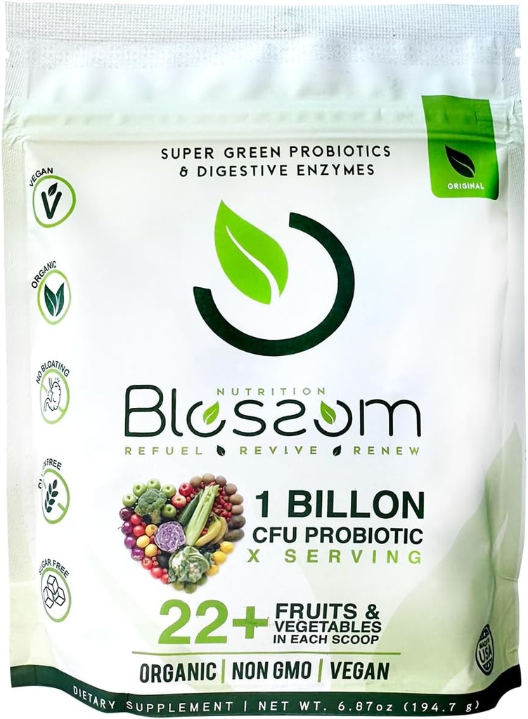 Blossom SuperGreens Probiotyki - Enzymy trawienne z Pre / ProBiotics for Bloating Relief - 30 + SuperGreens & SuperReds to Boost Energy -Organic, Gluten- Free, No Fiber, 0g Sugar (Lemon Citrus)