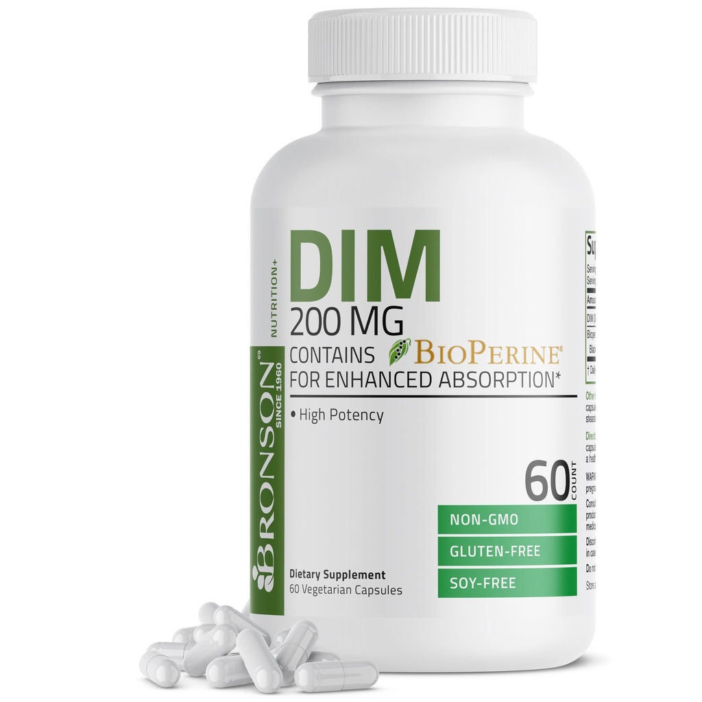 Bronson DIM 200 MG Suplement Diindolymetan z BioPerine do zwiększonej absorpcji, Estrogen Metabolizm & Zachowanie Balanced Hormon Poziomy, 60 Kapsułki wegetariańskie