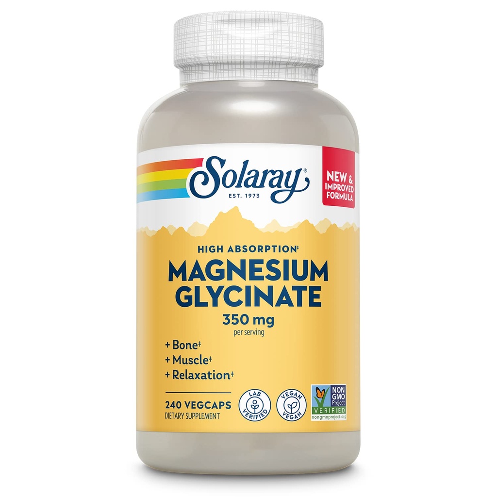 Solaray Magnezu Glicynian, Nowy i Ulepszony w pełni chelatowany Bisglicynian z BioPerine, Wysoka receptura absorpcyjna, Stress, Kości, Wsparcie mięśni i relaksacji, 60 Day Guarantee, 60 Służenia, 240 VegCaps
