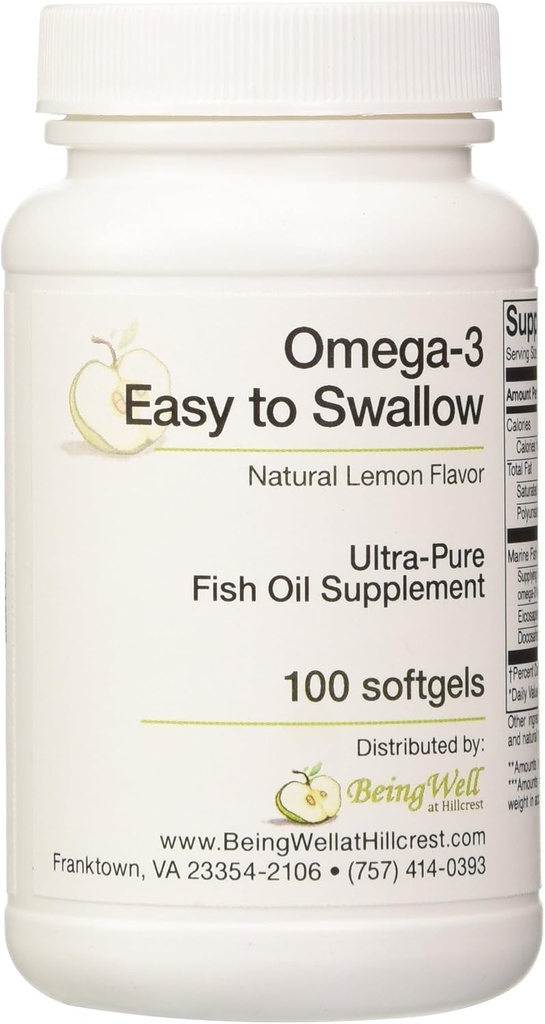 Omega-3 'Łatwy do połknięcia' Ultra- czysty olej rybny suplement naturalny Lemon Flavor 100 Softgels