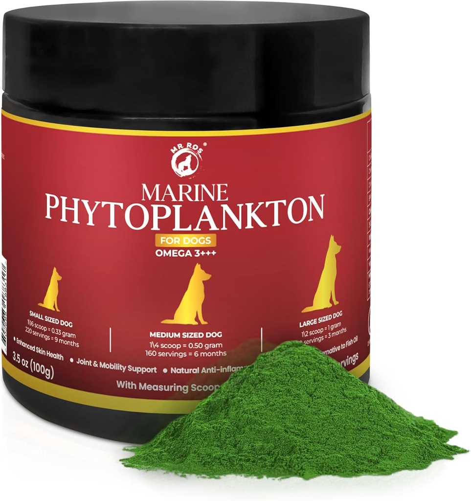 Marine Phytoplankton Powder for Dogs - Omega-3 EPA, Witaminy i przeciwutleniacze, Cynk & Minerały - Swędzenie skóry, Coat & Immune Supplement - Czyste mikroalgi (3.5 oz / 100 g).