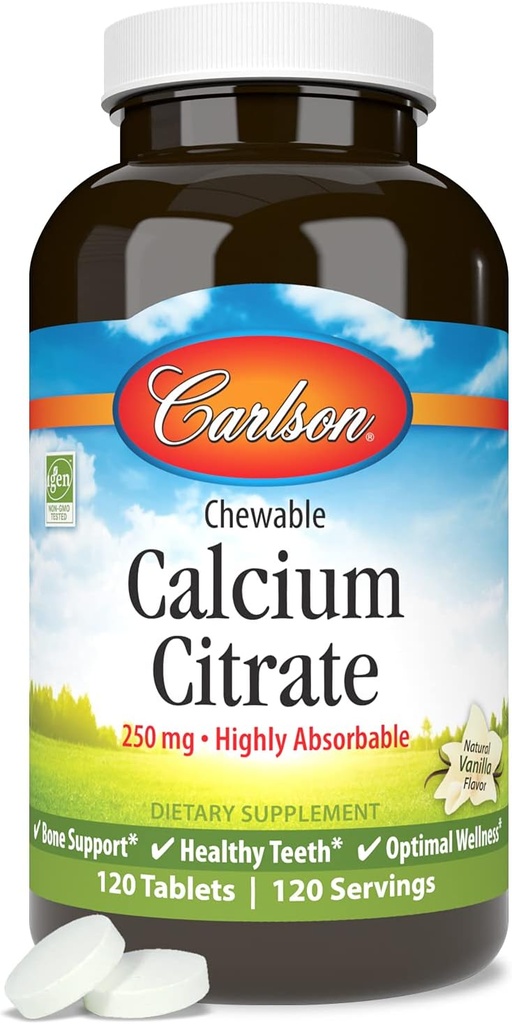 Carlson - Cytrynian wapnia do żucia, 250 mg, Wysoko wchłaniany, Podtrzymanie kości, Zdrowe zęby & Optymalne Wellness, Natural Vanilla Flavor, 120 tabletek
