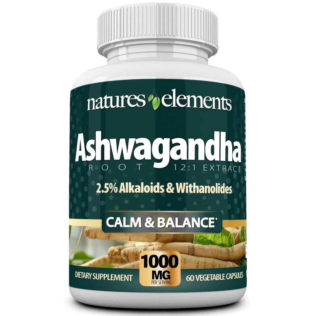 Ashwagandha Root - 12: 1 Extract - 1000mg Per Serving - 2,5% Withanolides & Alkaloids - 60 Veggie Caps - Stress & Energy Support - Non-GMO
