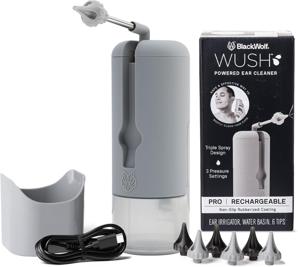 Wush Pro by Black Wolf - Oryginalny Deluxe wody napędzane czyszczenie ucha z 6 wielokrotnego użytku Porady zastępcze przez Black Wolf - Bezpieczny i skuteczny dla Buildup Wosk Uszy - Elektryczny zestaw do usuwania Wosk Uszy (Grey)