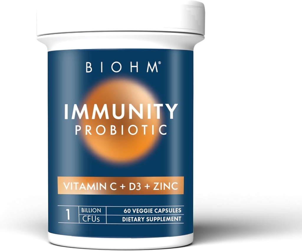 BiOHM Immunitet Probiotyczny z Witaminą C, D3 i Cynk, 1 Miliard CFU (60 Kapsułek) Dzienne Probiotyki dla Kobiet i Mężczyzn, Zdrowie i Immune Support, Wegan, Gluten- Free i Non-GMO