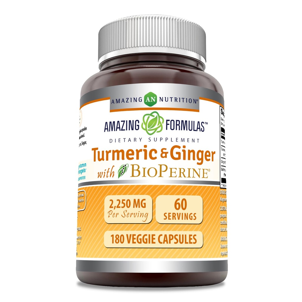 Amazing Formulas Kurkumina Turmerowa & Ginger z BioPerine 2250 mg Per Serving Veggie Kapsułki 124; Non-GMO Birth124; Gluten Free 124; Made in USA Birth124; Idealny dla wegetarian (180 Count)