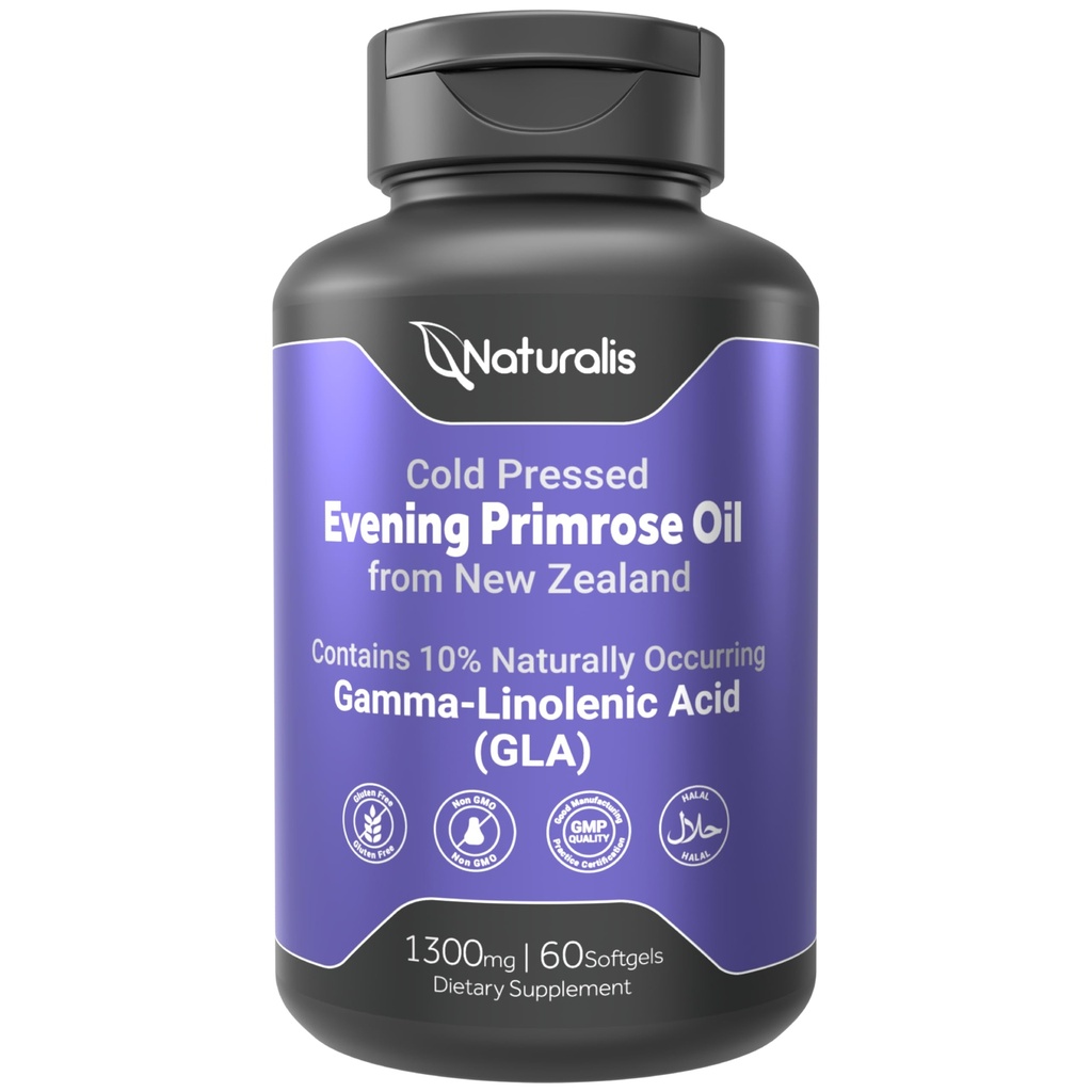 Naturalis Evening Primrose Oil (1300mg) 124; 100% Natural from New Zealand Netherlands 124; Non-GMO, Soy & Gluten Free, Zero Filler Edin124; 60 Softgels